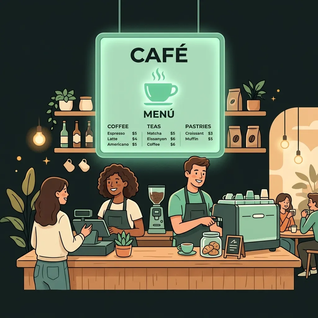 Ilustración de una cafetería con un menú digital mostrando opciones de café