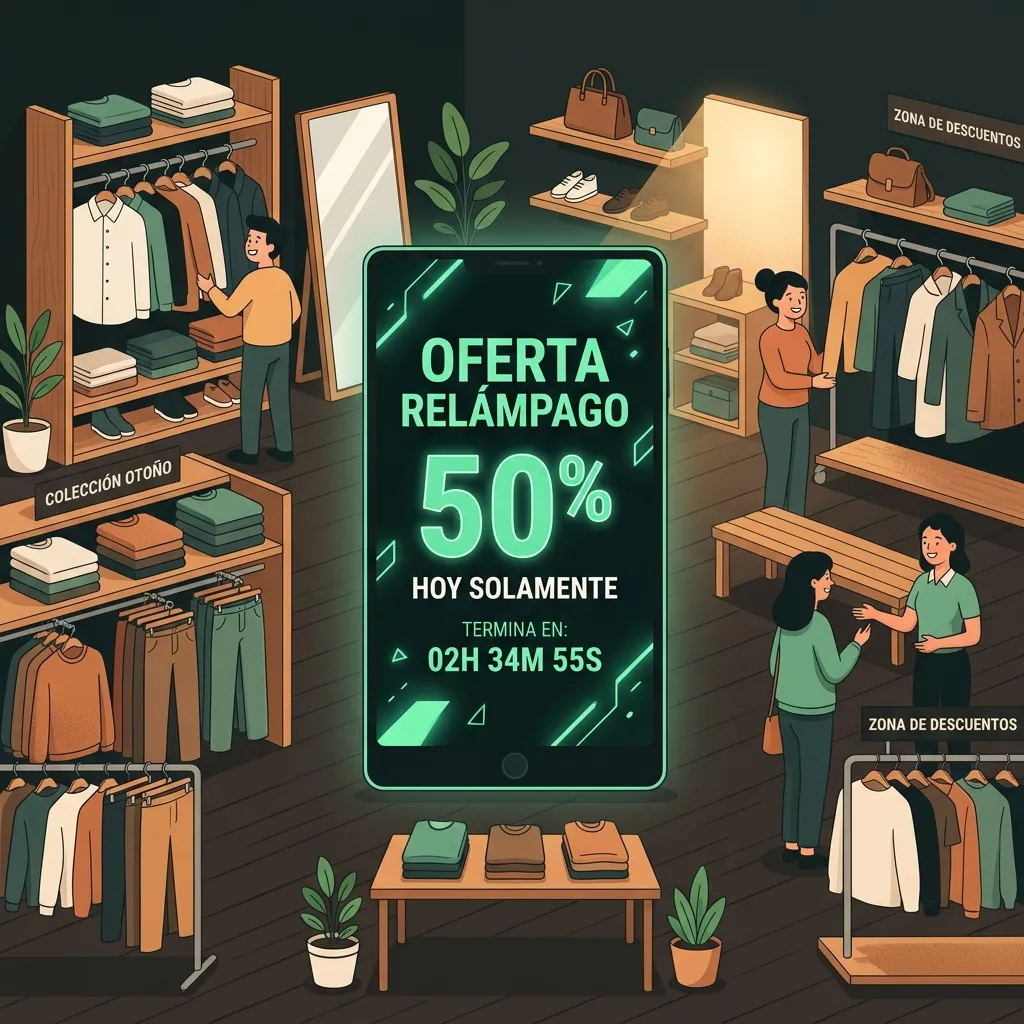 Ilustración de una tienda de ropa moderna con una pantalla digital mostrando una oferta relámpago