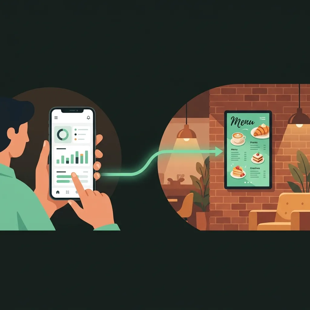 Ilustración que muestra cómo un usuario controla el contenido de una pantalla desde su celular