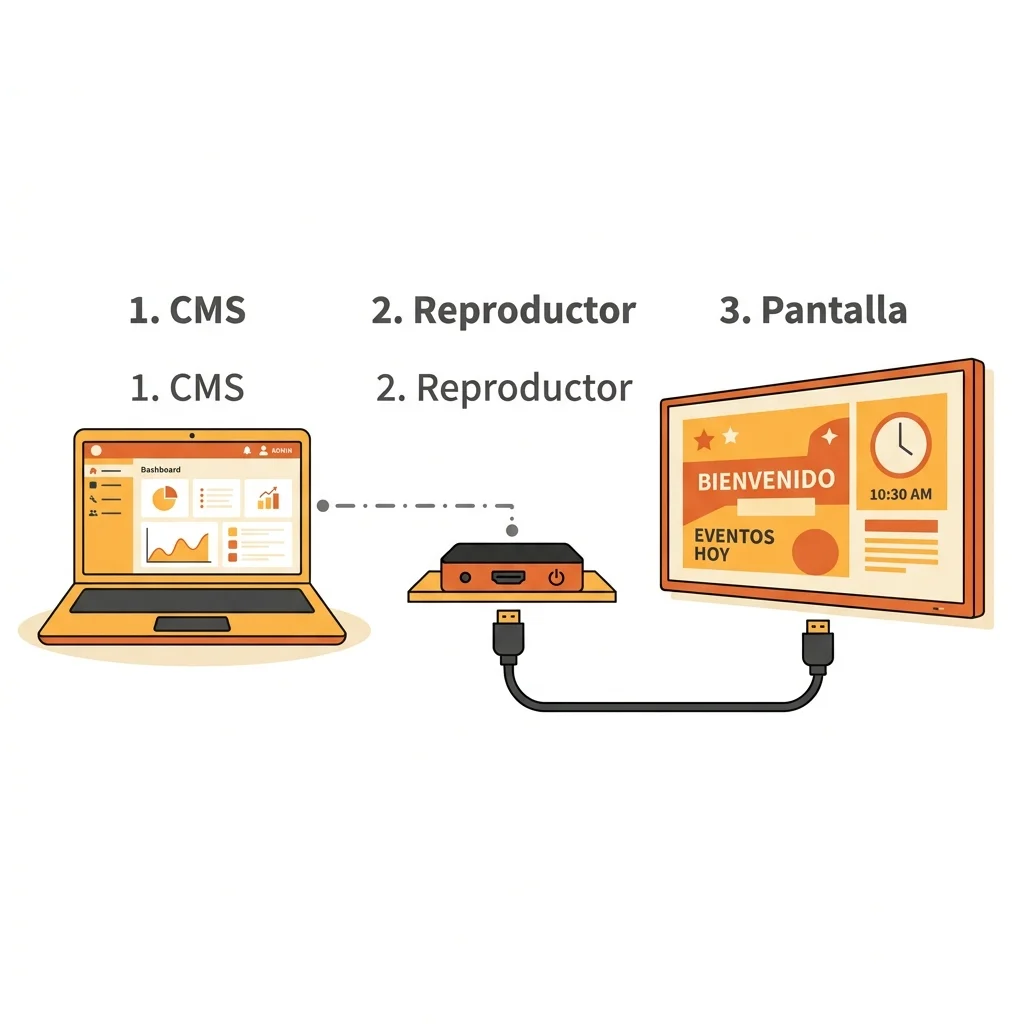 Esquema de funcionamiento: CMS, Reproductor y Pantalla