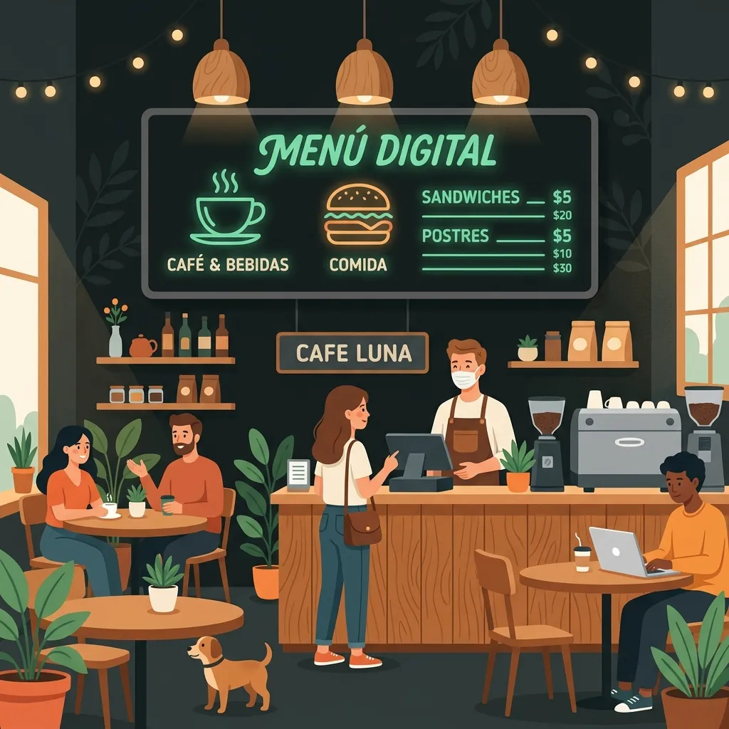 Ilustración de un restaurante acogedor con un menú digital sobre el mostrador