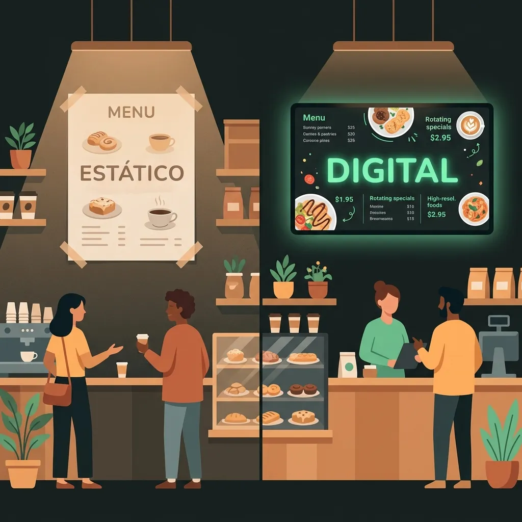 Ilustración comparando un cartel impreso tradicional con una pantalla digital en un local