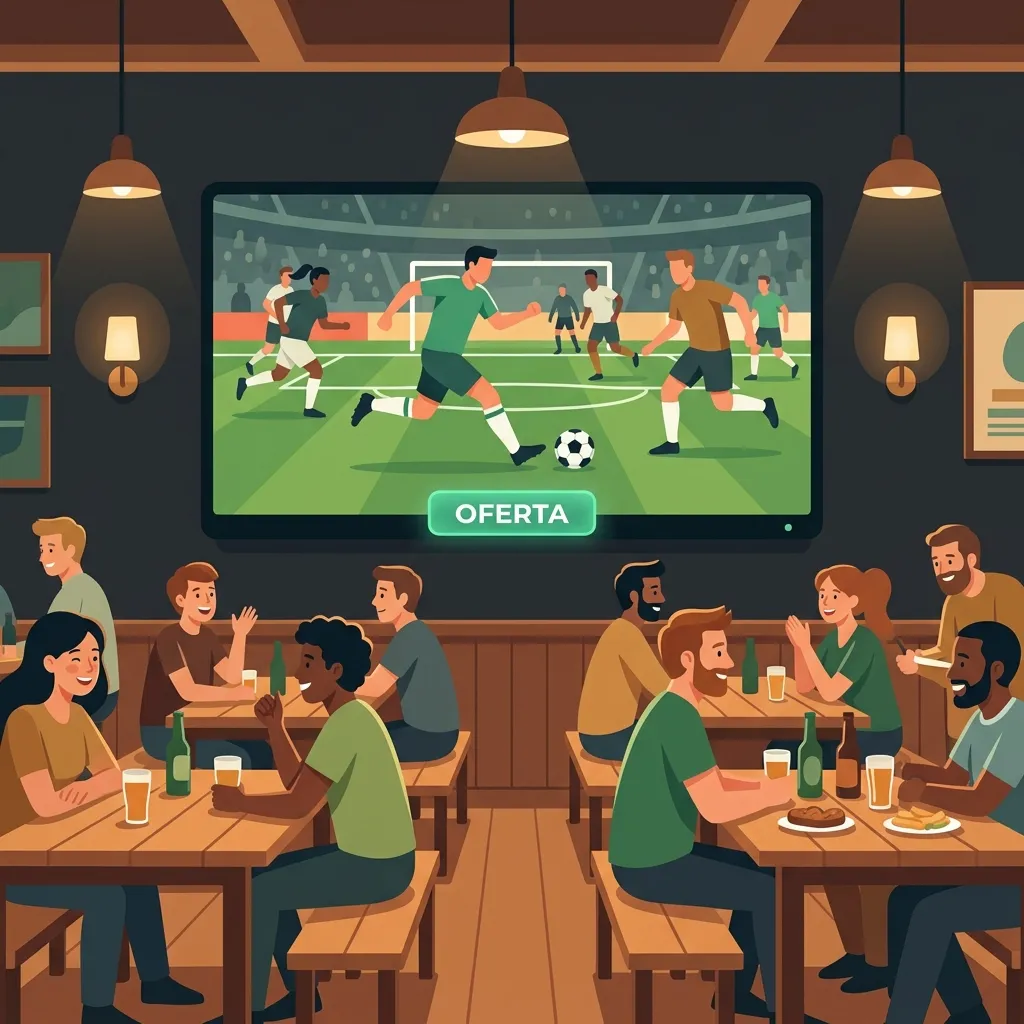 Ilustración de un bar deportivo acogedor con una pantalla mostrando un partido y una promoción